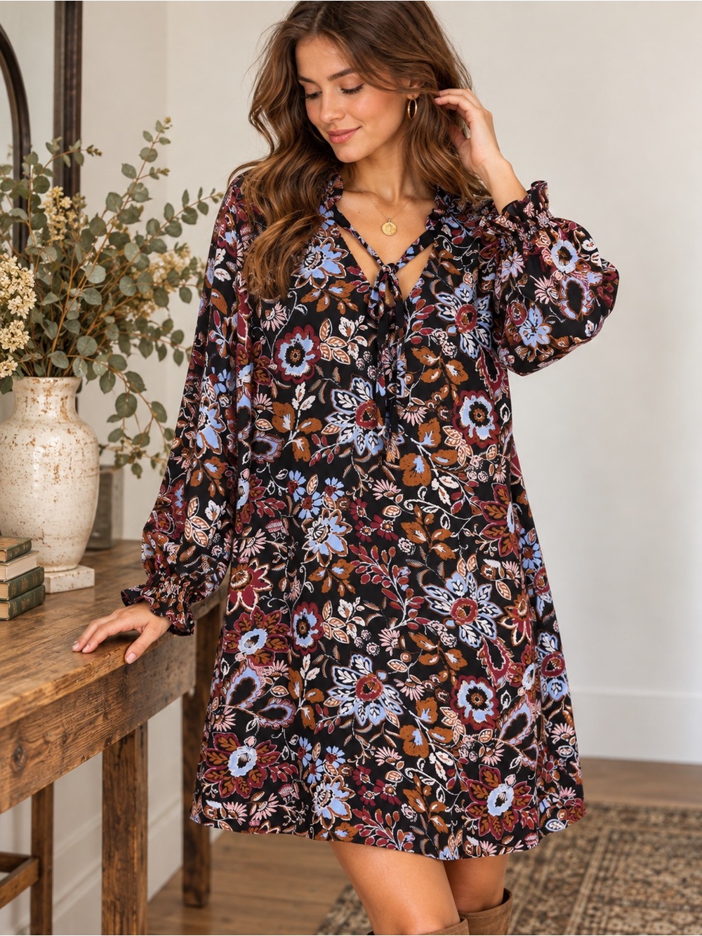 Massini Collection Floral Tie Neck Shift Dress Boho Fall 1X